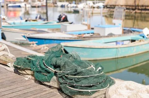Fishing nets on the quay Foto stock