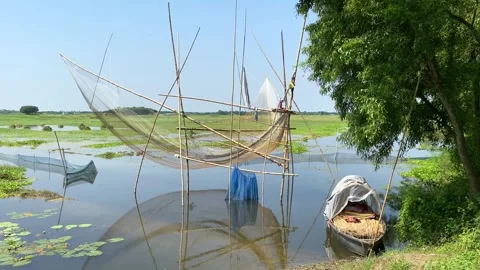 Fishing with nets using a bamboo structure Stock Footage 285880024