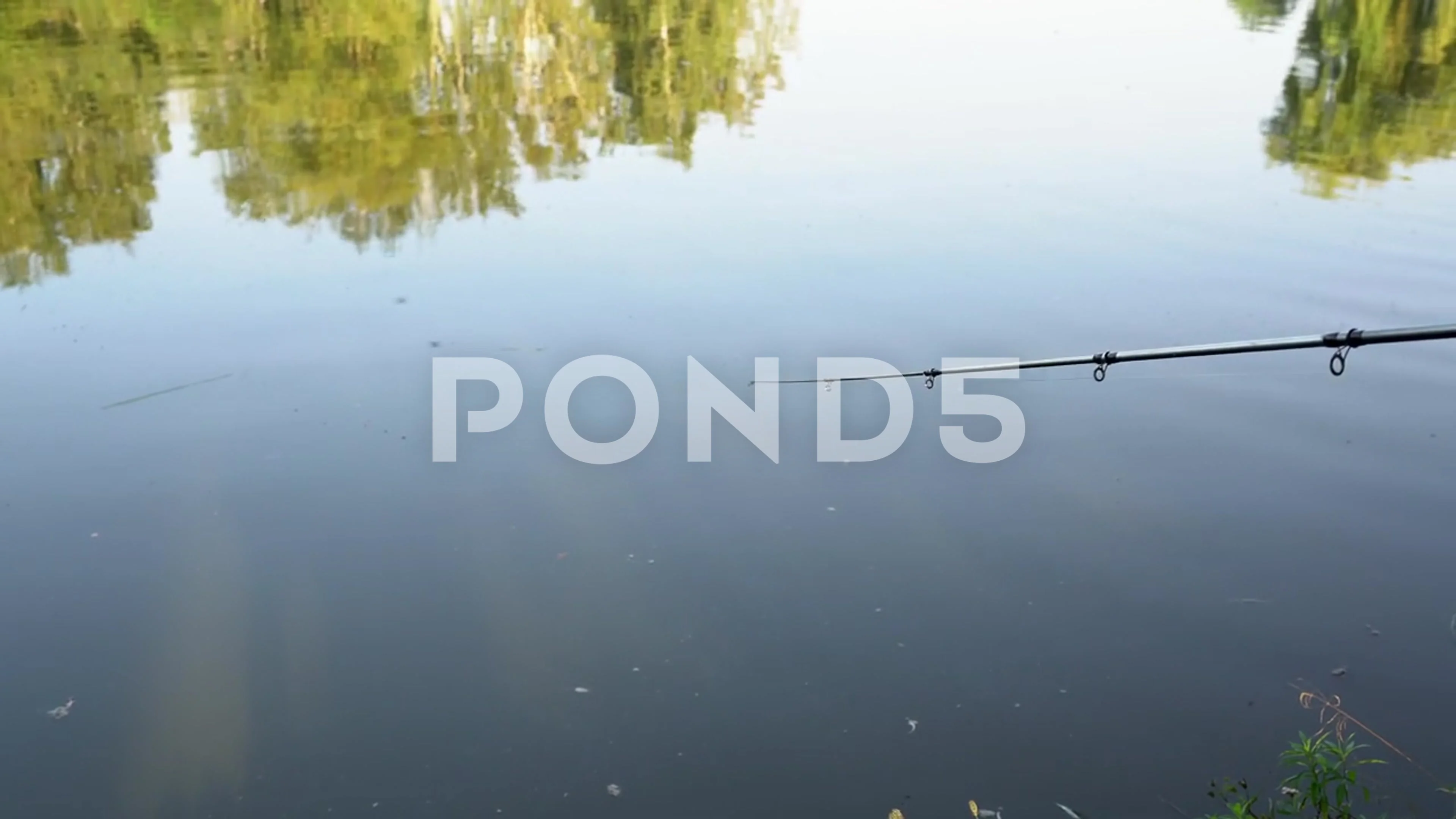 Fisherman with rod, spinning reel on river bank. Fishing for pike