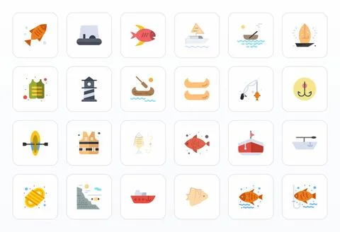 Fishing Premium Vector Bundle with 24 High Resolution Editable Flat Icons Stock Illustration