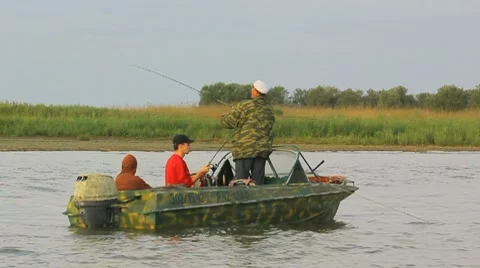 Fishing at the river from the boat Stock Footage 8763508