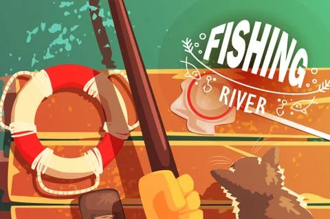 Fishing On The River With Cat View From Above Illustration Ilustração Stock
