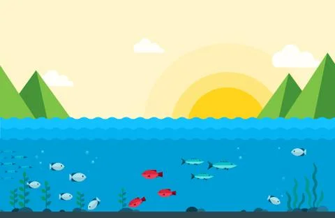 Fishing on the river at sunrise. Vector flat illustrations. Nature landscape in Stock Illustration