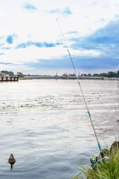 Fishing in a river while duck was swimming by Foto stock
