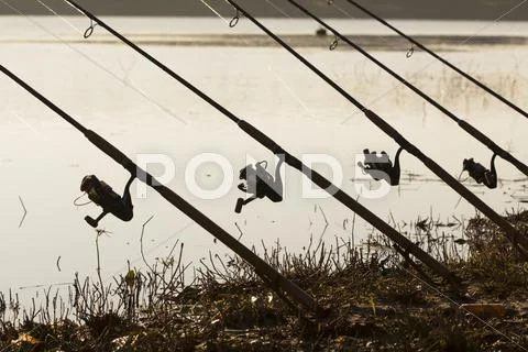 Fishing rod and reel on a lake Stock Photos