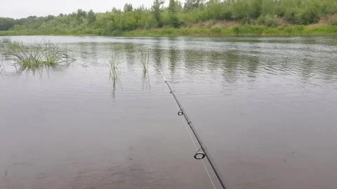 Fishing rod on the background of the river in cloudy weather Stock Footage 255877997