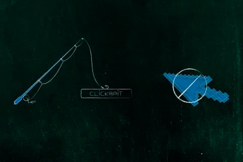 Fishing rod catching Clickbait button and barred out mouse pointer next to it イラスト素材