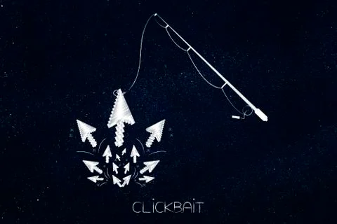 Fishing rod catching mouse pointer among a group, clickbait concept 스톡 일러스트