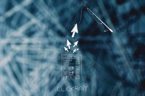 Fishing rod catching mouse pointer from a website, clickbait concept Illustrazione stock