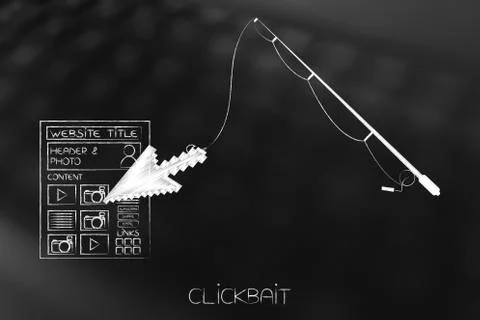 Fishing rod catching mouse pointer about to click on a webpage, clickbait con Stock Illustration