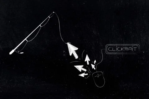 Fishing rod catching pointer from a computer mouse with Clickbait button Stock Illustration