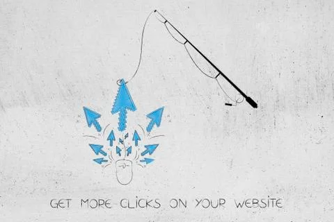 Fishing rod catching pointers from a computer mouse, clickbait Stock Illustration