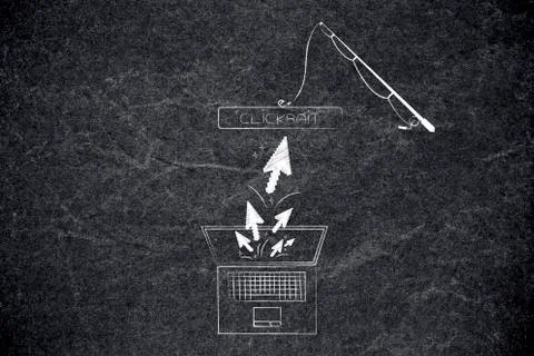 Fishing rod with clickbait button catching mouse pointers coimg from a laptop 库存插图