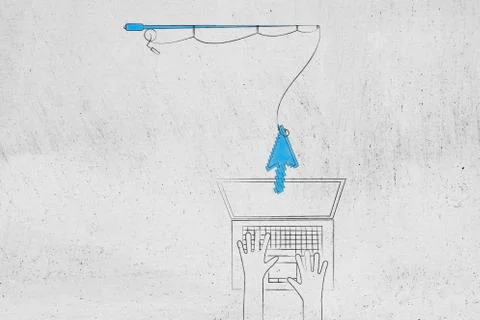 Fishing rod holding mouse pointer in front of laptop with user typing on the  Stockillustratie
