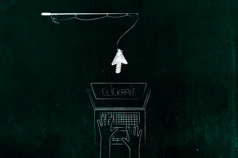 Fishing rod holding mouse pointer over laptop with Clickbait button on the sc Illustrazione stock