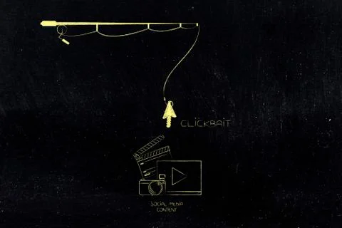 Fishing rod holding mouse pointer clickbait over social media content icon Illustrazione stock