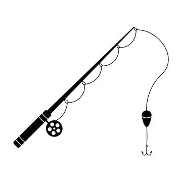 Fishing Rod with Hook and Float Black Silhouette Vector Illustration Stock Illustration