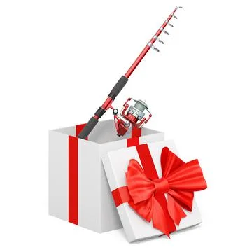 Fishing rod inside gift box, present concept. 3D rendering Ilustração Stock