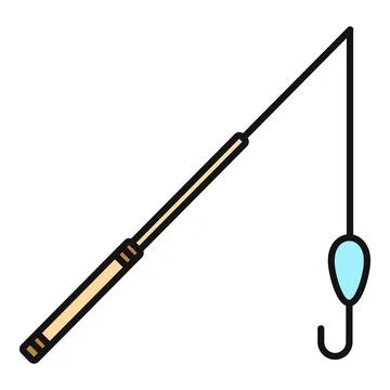 Fishing rod with line, float, and hook icon Stock Illustration