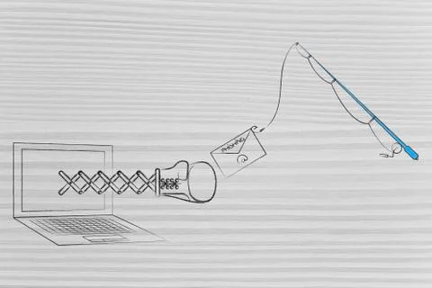 Fishing rod with malicious email envelop and boxing glove coming out of lapto イラスト素材
