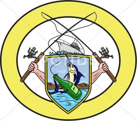Fishing Rod Reel Blue Marlin Beer Bottle Coat of Arms Oval Drawing: Royalty  Free #64254850