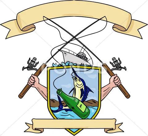 Fishing Rod Reel Blue Marlin Fish Beer Bottle Coat of Arms Drawing: Graphic  #64656409