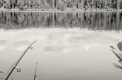 Fishing rod, water surface, float, day, reflection of clouds. Stock Photos