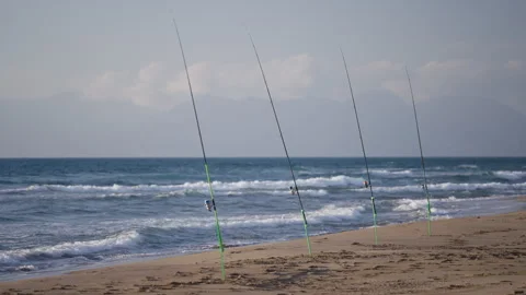 Fishing rods aligned ashore at sunset on the beach of Paestum, Cilento, Italy Video stock 263986554