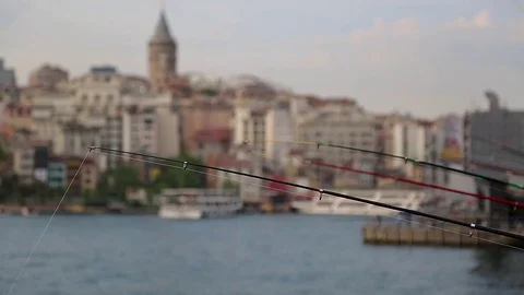 Fishing rods on Galata Bridge Stock Footage 75979327