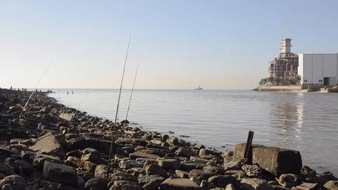 Fishing Rods at Polluted Waters Of Rio de la Plata 스톡 동영상 97360853