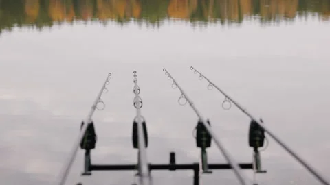 Fishing rods on tripod pointed toward calm lake, minimalist autumn landscape Stock Footage 320070100