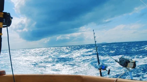 Fishing rod rods big game fishing ocean sea tropical Stock Videos