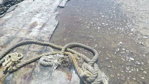 Fishing rope torn and lying on the wet concrete dock Stock Footage 116454162