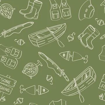 Fishing seamless pattern with boat, rod, boots and lures in doodle line art.. Stockillustratie