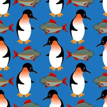 Fishing seamless pattern. Penguin with fresh fish background. Winter landscape Stock Illustration