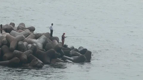 Fishing  at the seashore Stock Footage 49325546