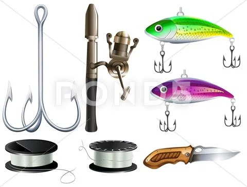 Fishing set with hooks and knife Illustration #65496680