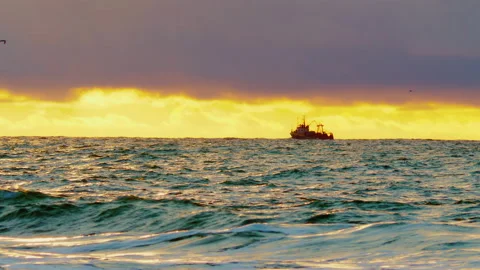Fishing ship floating on waves against yellow sunset Video stock 201895481