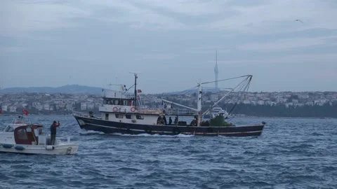 Fishing ship navigate along the Bosphorus in the evening Stock Footage 163225869