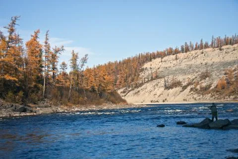 Fishing on the Siberian river Moierokan while rafting Stock Photos
