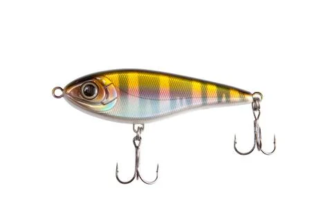 A fishing spoon-bait with hooks isolated Stock Photos