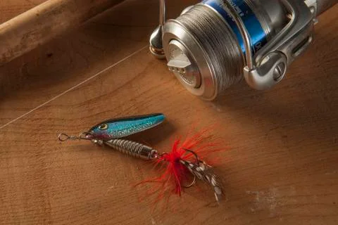 Fishing tackle on the table Stock Photos