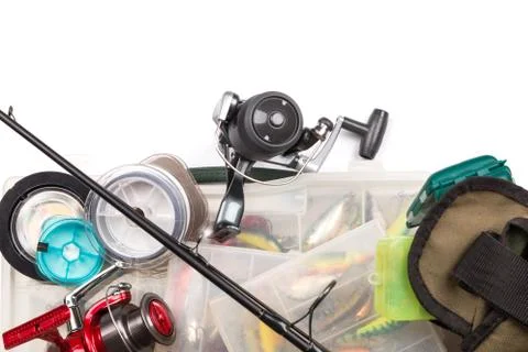 Fishing tackles composition in frame look from top Stock Photos