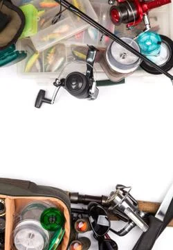 Fishing tackles composition in frame look from top Stock Photos