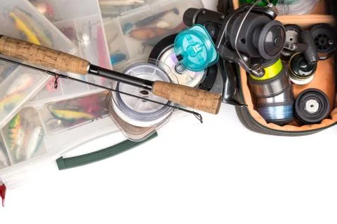 Fishing tackles composition in frame look from top Stock Photos