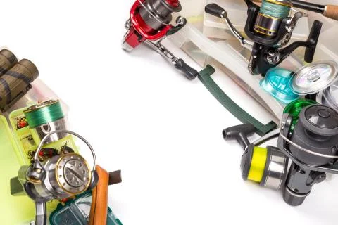 Fishing tackles composition in frame look from top Stock Photos