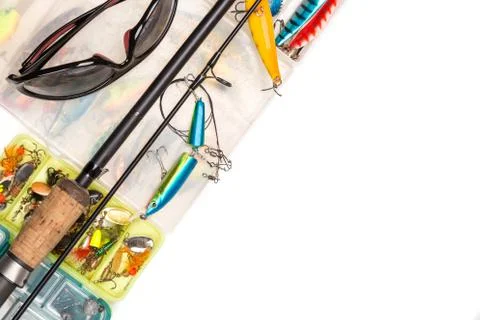 Fishing tackles composition in frame look from top Stock Photos