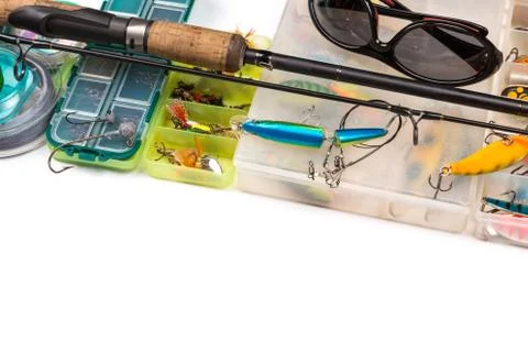 Fishing tackles composition in frame look from top Stock Photos