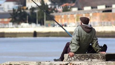 Fishing tagus river Lisbon Stock Footage
