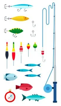 Fishing tools for the fisherman. Vector flat icons. Fishing as a hobby. Stock Illustration